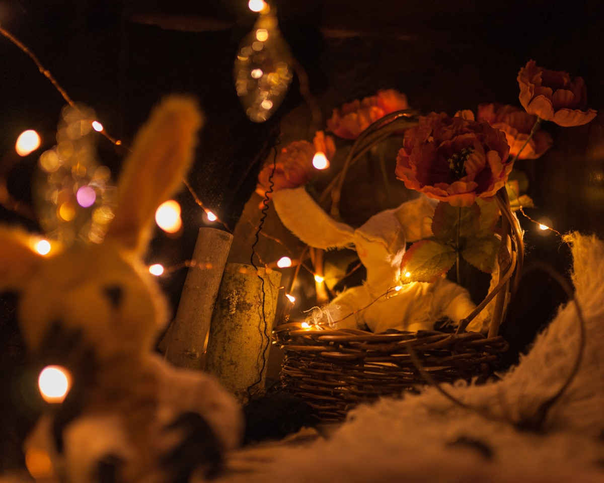 A basket with a bunny and flowers, lit up with fairy lights