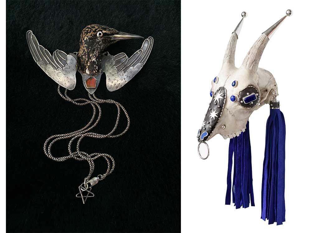 left: metal sculpture bird necklace, right: an installation with a beast skull with ornaments