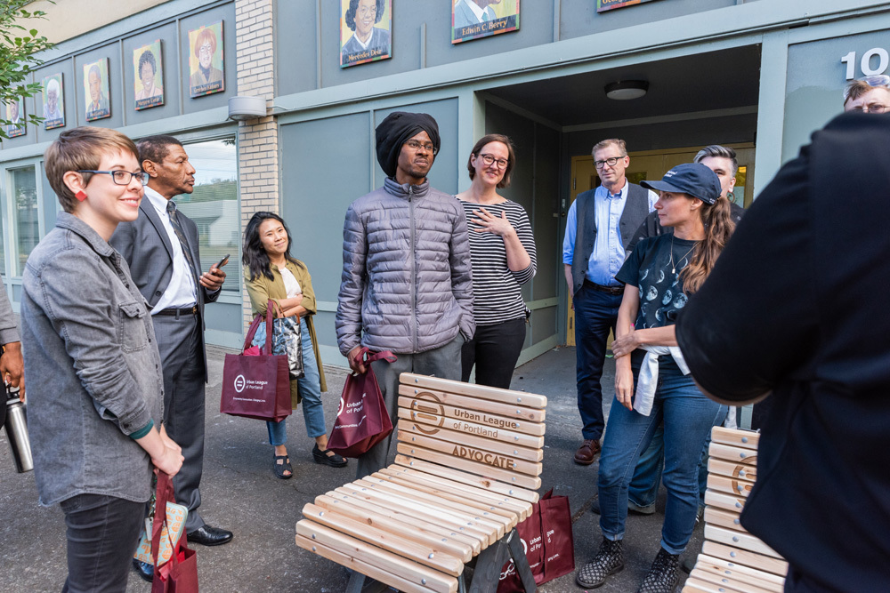 Artists gather to see the new benches from PNCA's AC+D program
