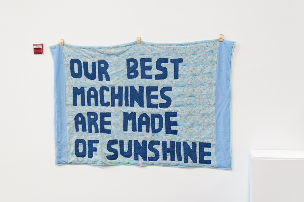 quilted work of art reading Our Best Machines are Made of Sunshine, Paige Saez MFA in Visual Studies Thesis Work, 2009
