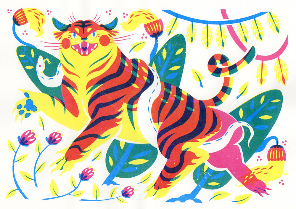 a tiger with a snake wrapped around, art by Clara Dudley 2018 pnca