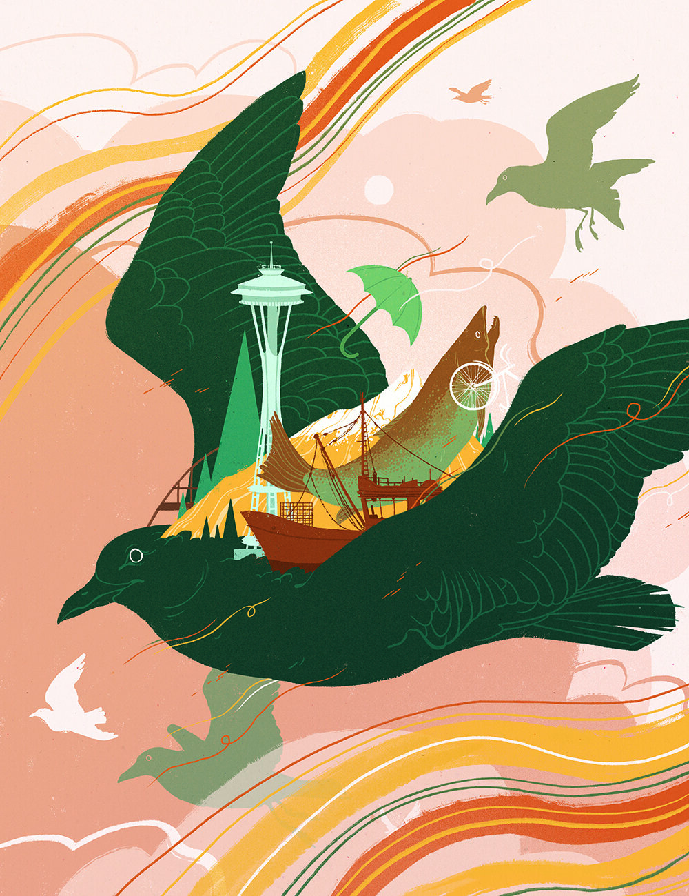 illustration by Samantha Mash, several crows with a focus on one crow with Seattle highlights on its back