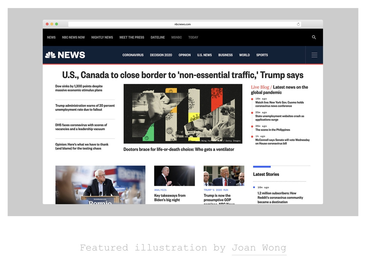 NBC News Homepage, with the featured illustration by Joan Wong