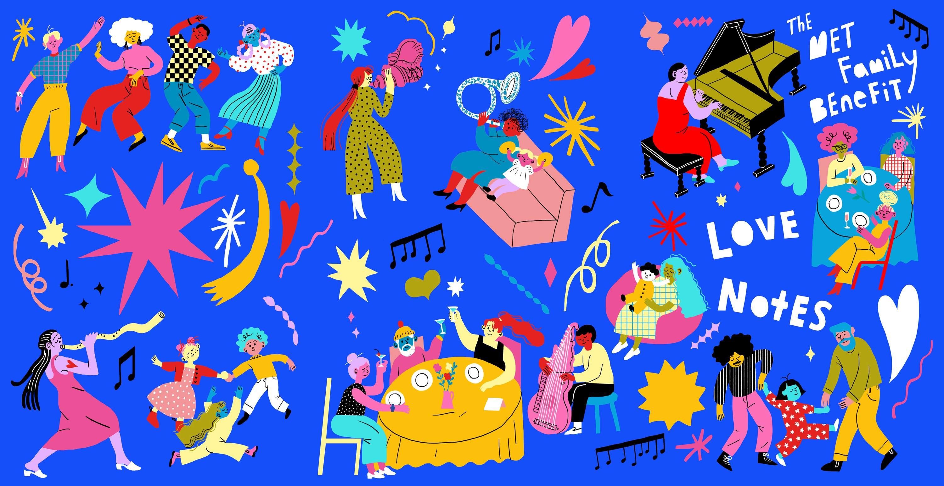 an illustrated group of people performing with instruments, dancing