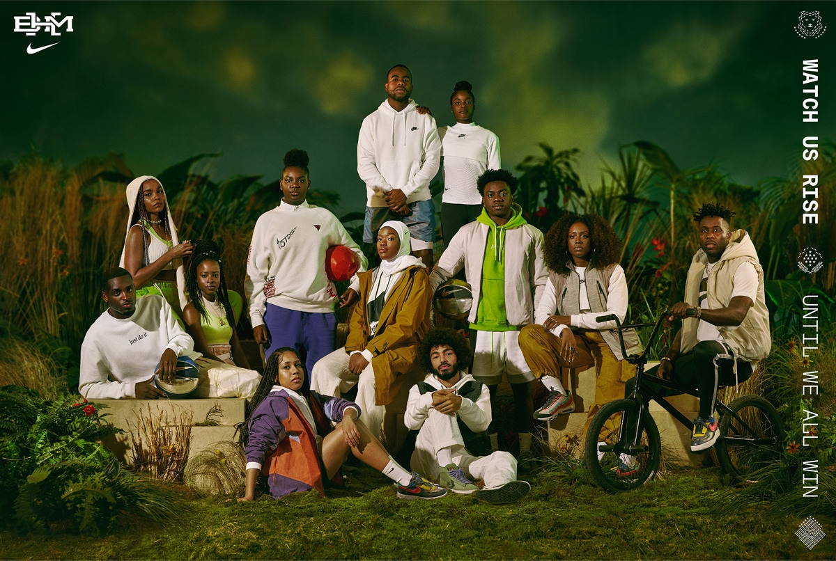Nike BHM lanscape poster of various atheletes with the words, watch us rise until we all win