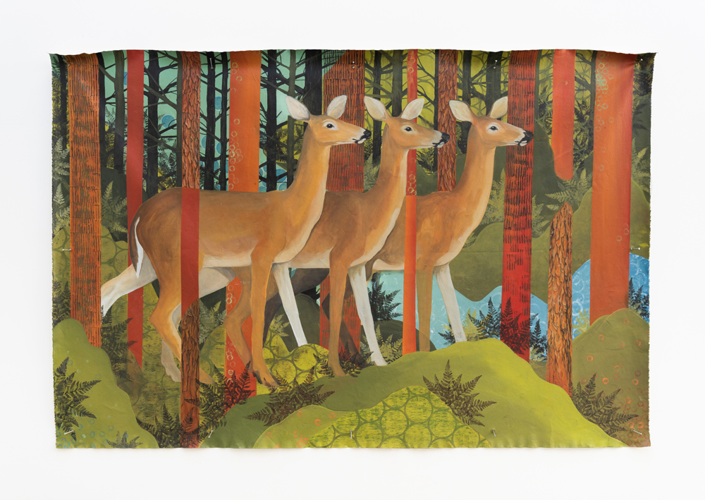 Art featuring three deer within a forest of orange trees and greenery