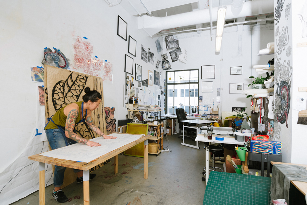 Printmaker and artist, Kanani Miyamoto '17, working in the MFA in Print Media Studios at Pacific Northwest College of Art (PNCA). 
