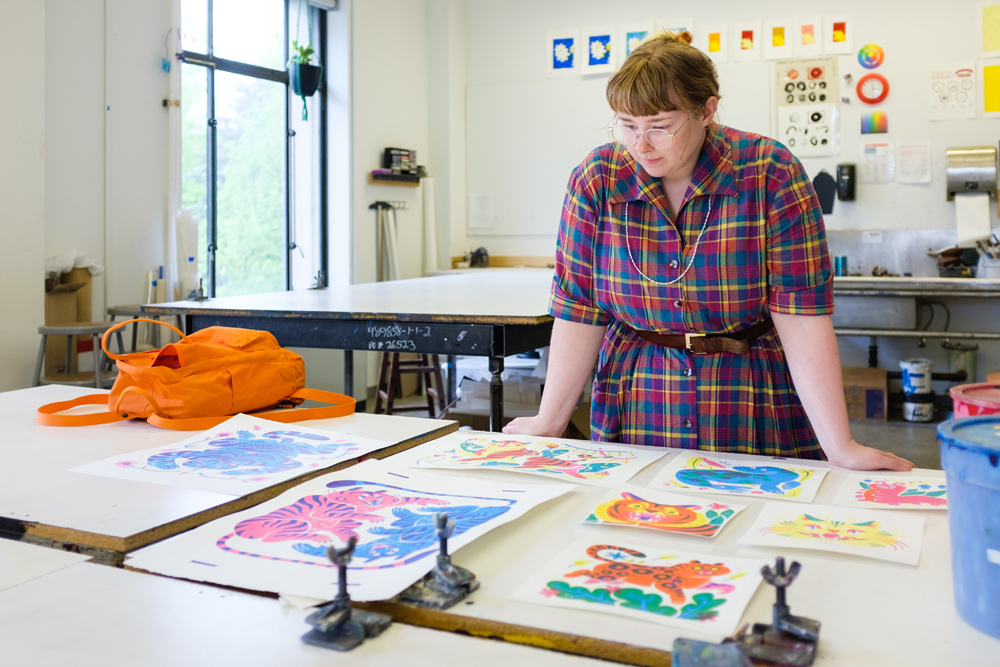 Student Clara Dudley '15 working with screen printing in the Print Making Lab at Pacific Northwest College of Art (PNCA). 