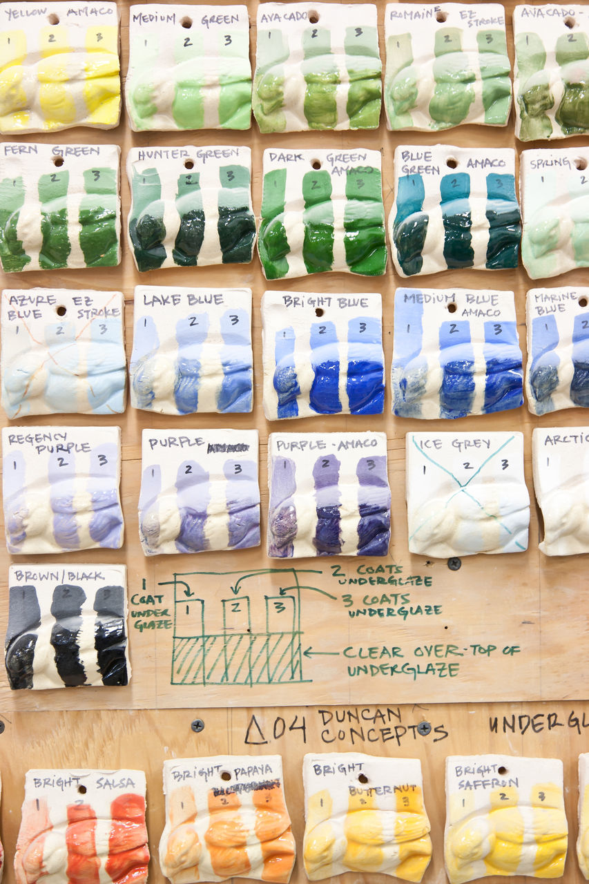 Grid of ceramic glaze color samples on a wooden board with varying numbers of glaze coats, showcasing a spectrum of hues from yellow to purple with labels and a coatings diagram below.