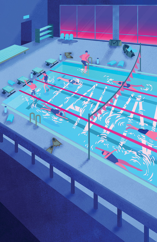 Illustration of a pool with swimmers at dusk, art by Subin Yang