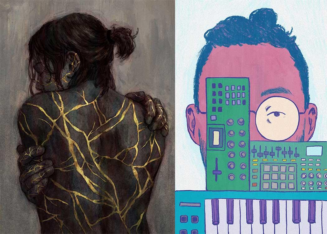 two illustrations by Anke Gladnick, left: a figure hugging with cracked skin, right: synthesizers cover a face