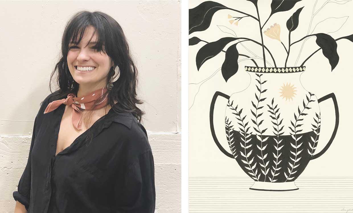 left: Elana Gabrielle profile, right, a illustrated vase with flowers