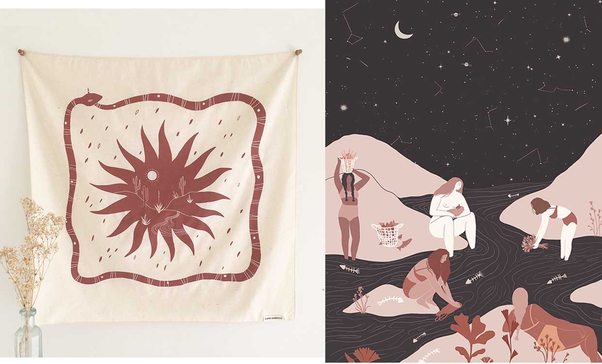 left: printed illustration on fabric, right: nighttime illustration of female figures alongside a stream