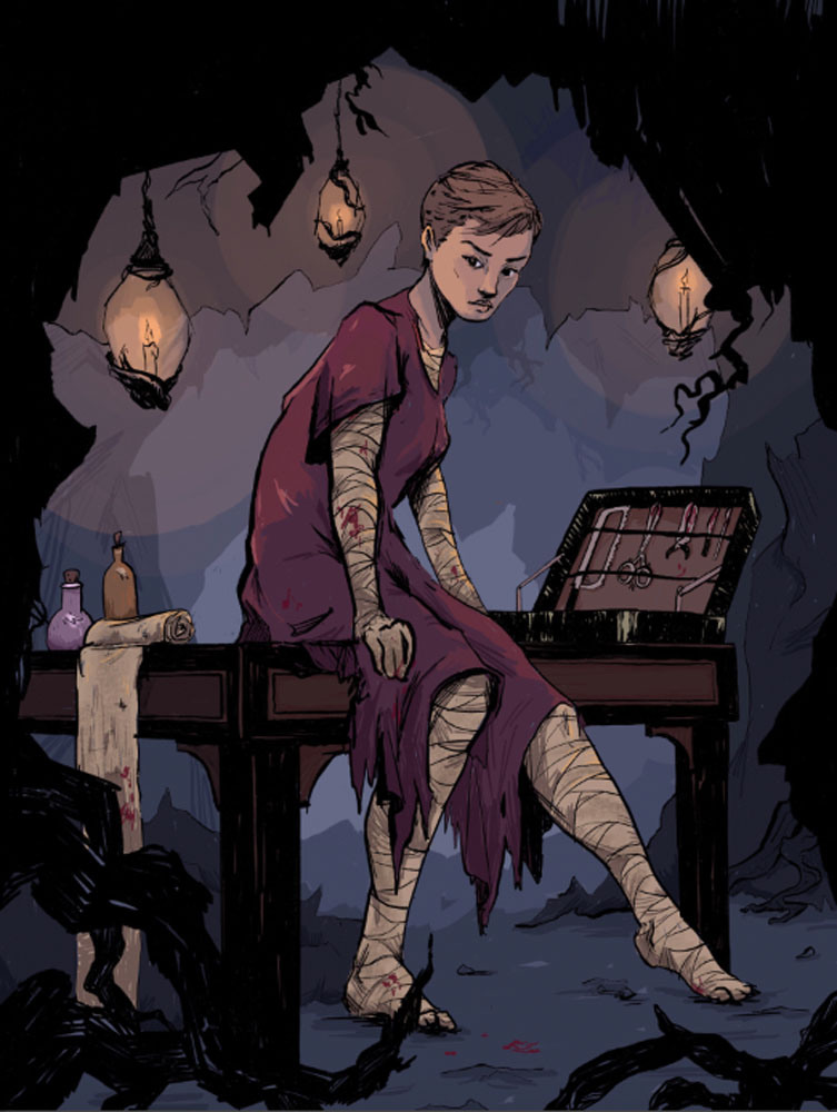 bandaged figure sitting on a table in a dark cave, art by Remy Charnett