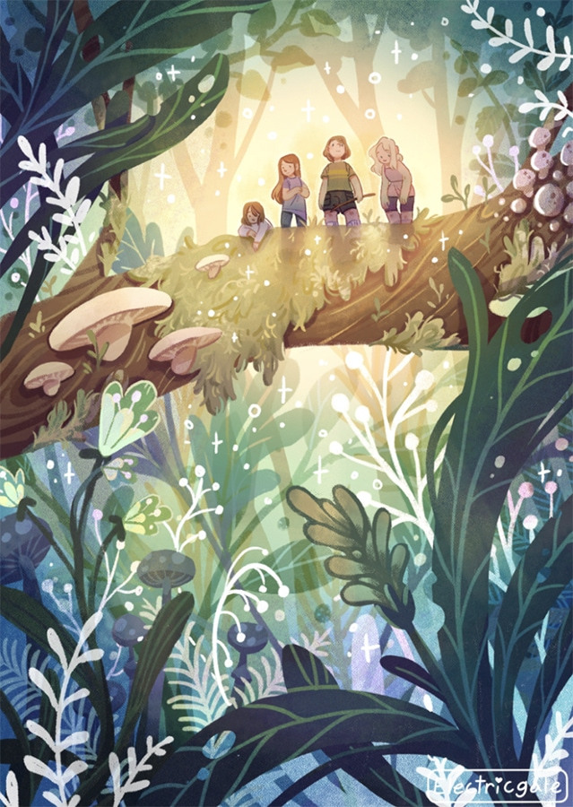 four girls exploring a forest, art by Rowan Kingsbury