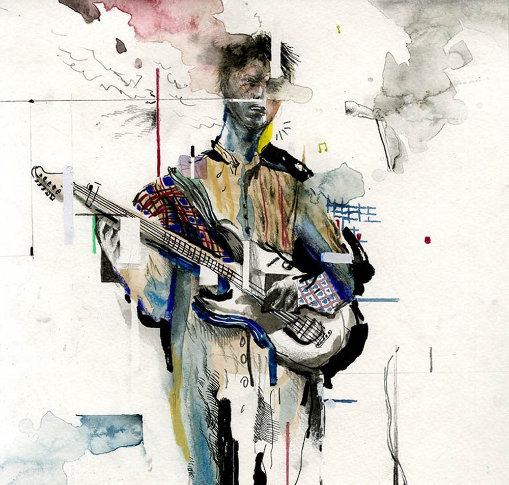 an abstract-looking guitar player, art by Soren Iverson