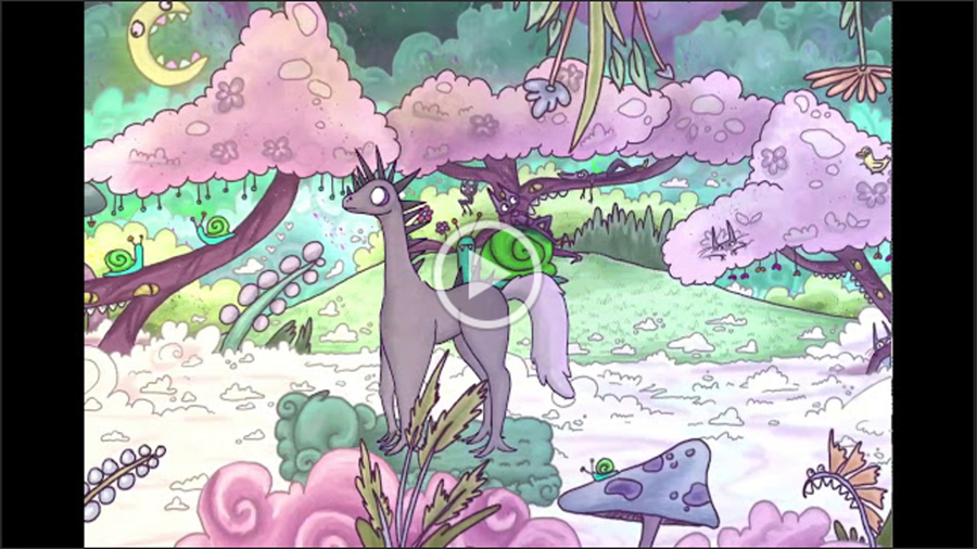Kelly Witt animated art showcasing a purple unicorn creature and purple trees shaped like mushrooms