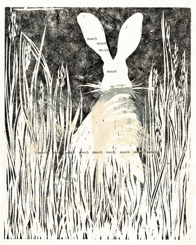 A black and white print depicting a rabbit in high grass that is imposed over words