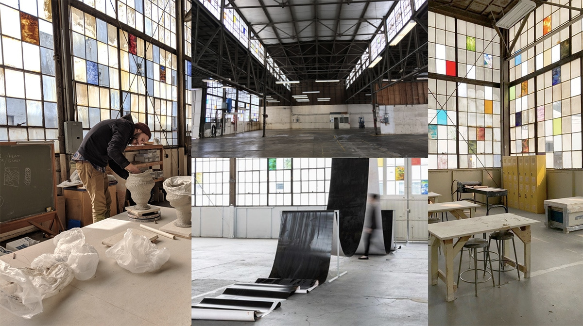 A collage of PNCA's glass building, featuring stained glass windows, large space, sculpture, and installations