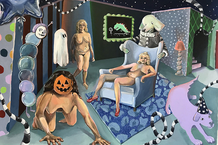 Artwork depicting naked women, one has a jack-o-lantern face and is crawling, one is standing by a ghost, and one is sitting on a large chair