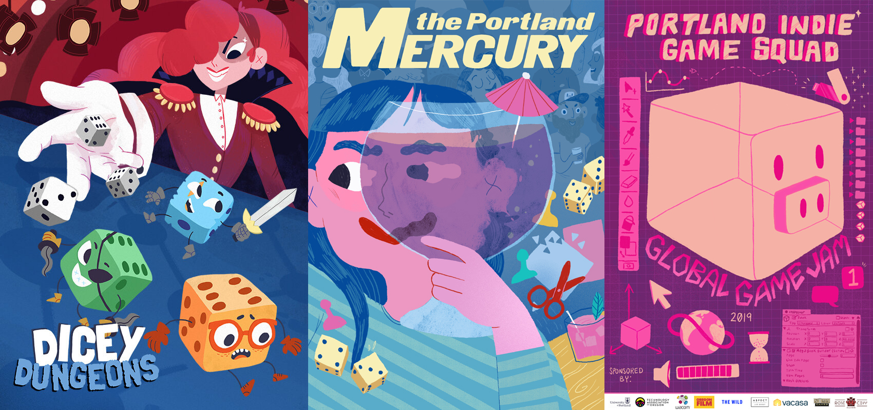 left: dicey dungeons illustration, center: Portland Mercury cover, right: Portland Indie Gamesquad poster