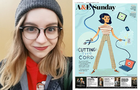 left: Marlowe Dobbe profile, right:A&E Sunday magazine, cutting the cord cover