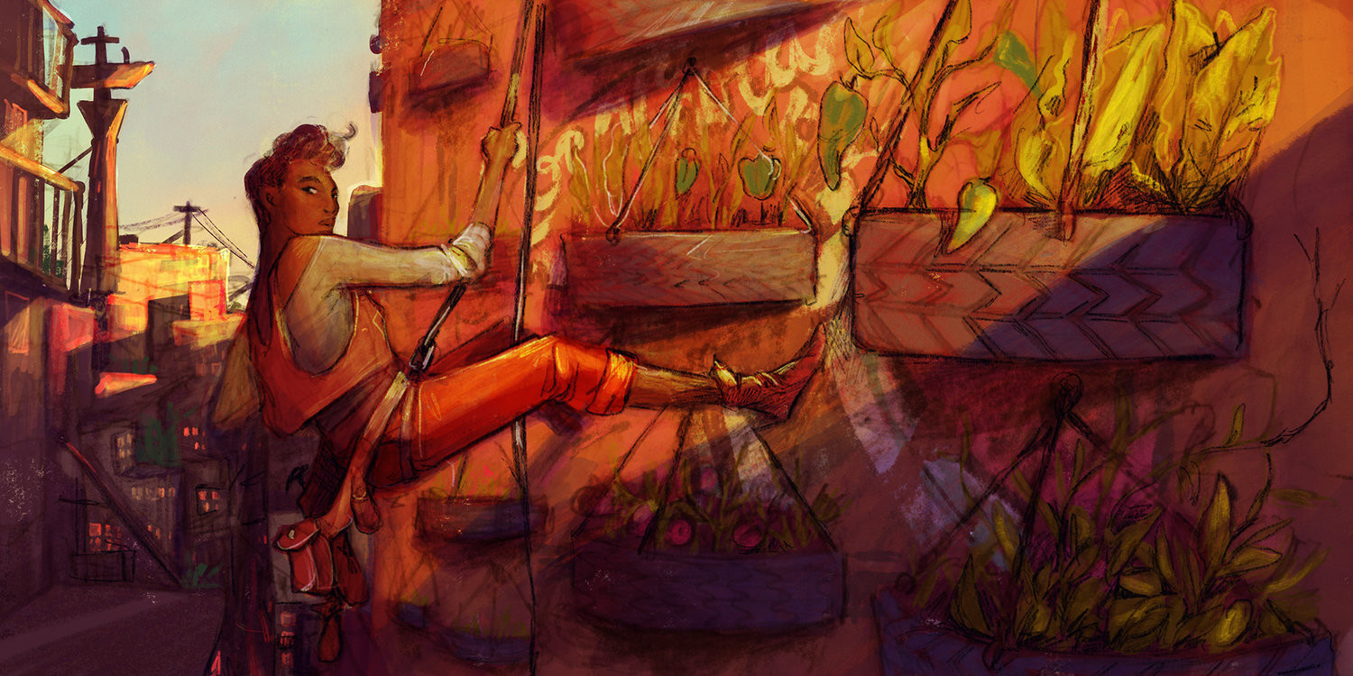 a character rappelling down a wall filled with plants, art by Nyssa Oru 2018 pnca
