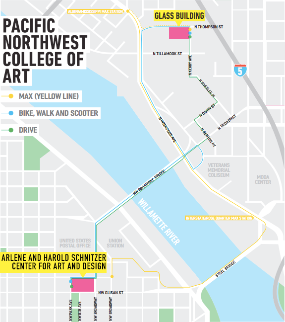 Transit Map from the Arlene and Harold Schnitzer Center for Art and Design to to the Glass building